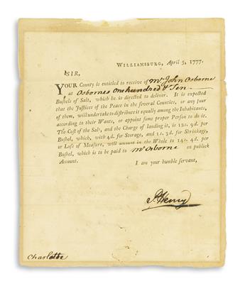 (AMERICAN REVOLUTION.) HENRY, PATRICK. Partly-printed Letter Signed, P. Henry, as Governor, to the Justices of Charlotte,